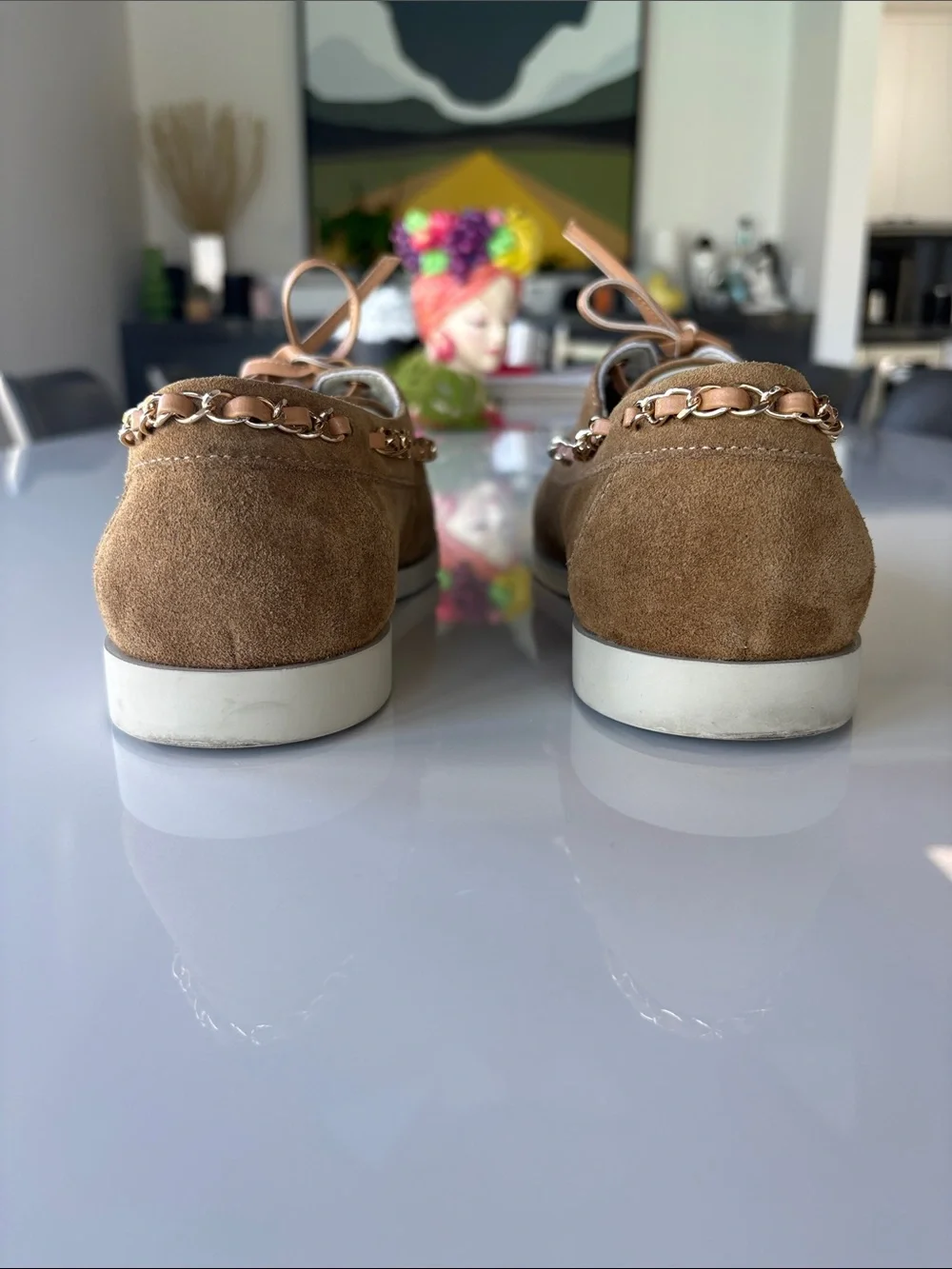 CHANEL Brown Suede & White Toe Cap Lace-Up Shoes with Chain Trim